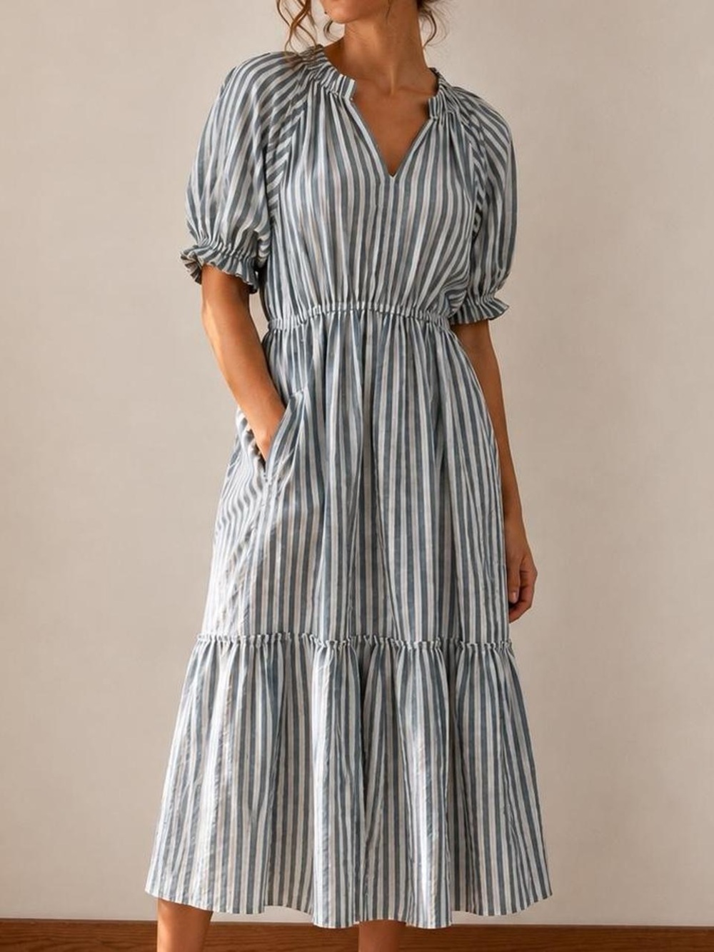 Mille Striped Blue & White Midi Dress - Casual Tiered Summer Dress